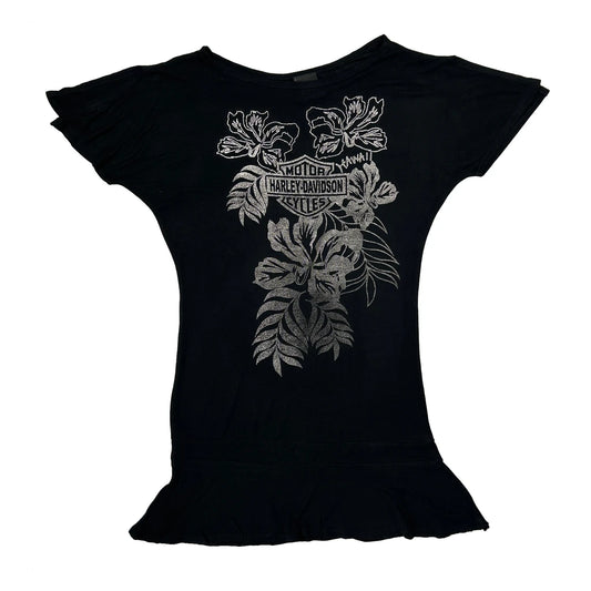 Harley Davidson Floral T-Shirt - Small Black Cotton