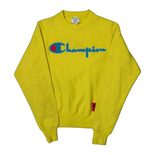Vintage Reverse Weave Champion Spellout Sweatshirt - XS Yellow Cotton