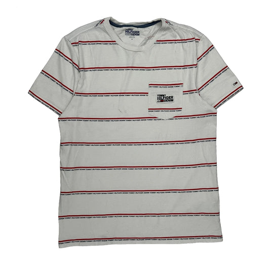 Vintage Tommy Hilfiger Denim Striped T-Shirt - Medium White Cotton