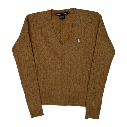 Ralph Lauren Sport V-Neck Jumper - Small Brown Wool