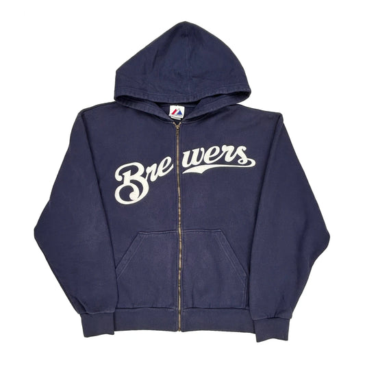 Brewers Majestic Mlb Hoodie - Large Navy Cotton Blend