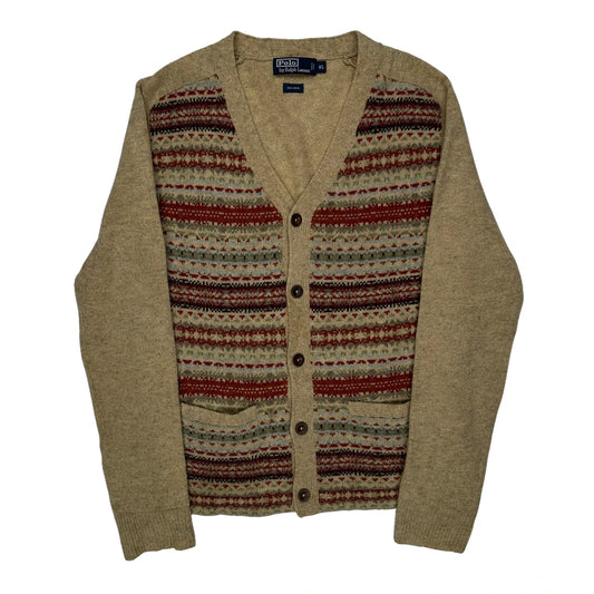 Vintage Wool Polo By Ralph Lauren Fair Isle Cardigan - XL Beige Wool