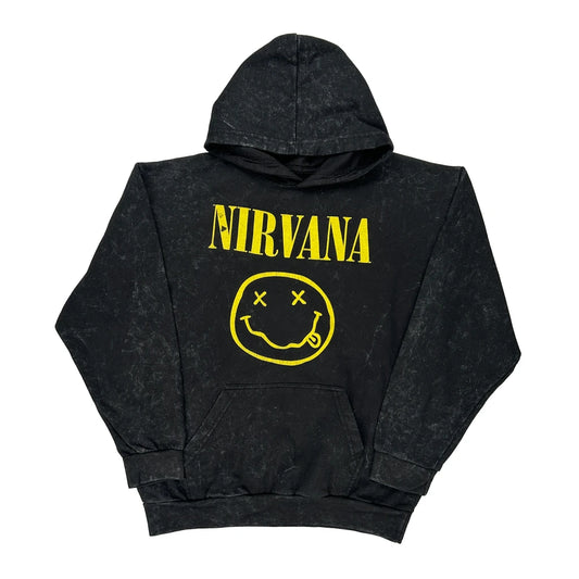 Smiley Face Logo Nirvana Band Hoodie - Medium Black Cotton Blend