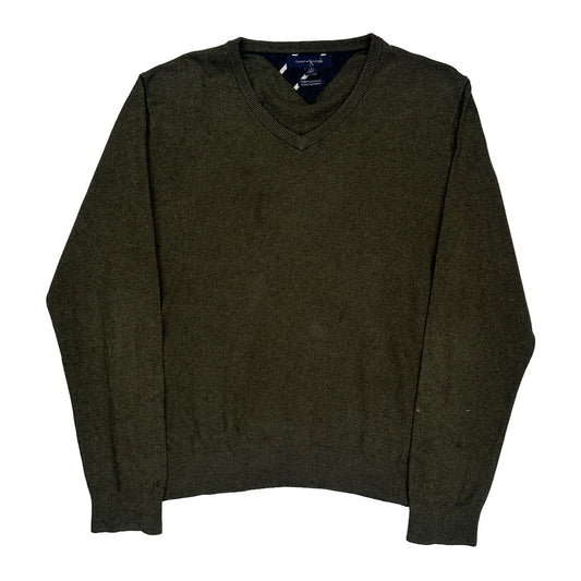 Cotton Cashmere Tommy Hilfiger V-Neck Jumper - Large Green Cashmere