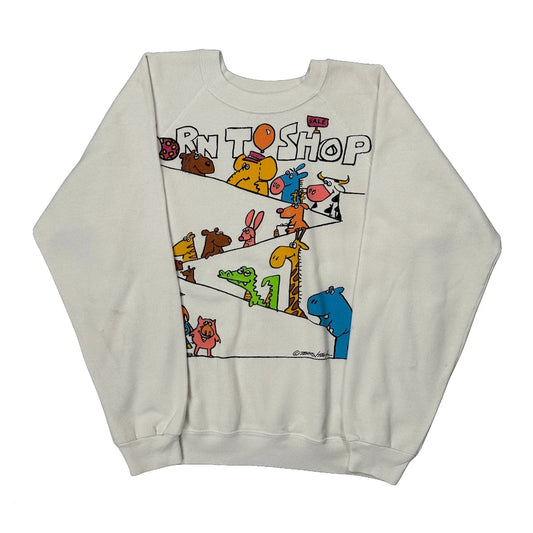 Vintage 80S Born To Shop Hanes Cartoon Raglan Sweatshirt - Large White Cotton Blend