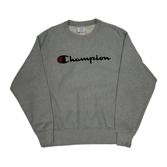 Reverse Weave Champion Spellout Sweatshirt - Large Grey Cotton Blend