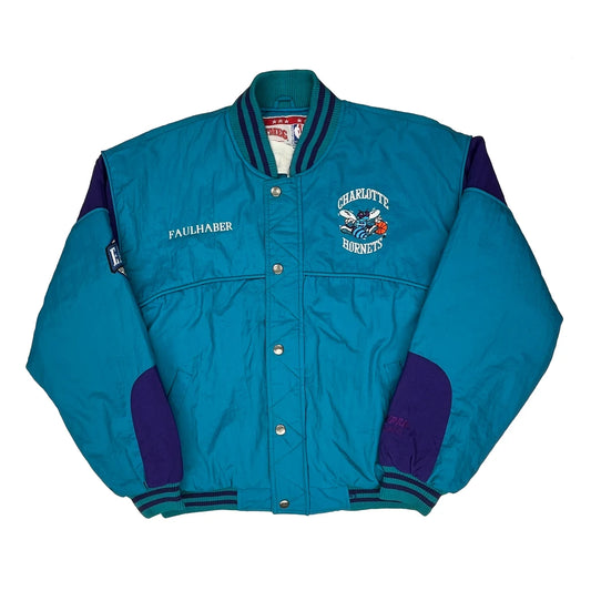 Vintage Charlotte Hornets Nutmeg Graphic Varsity Jacket - Medium Blue Nylon
