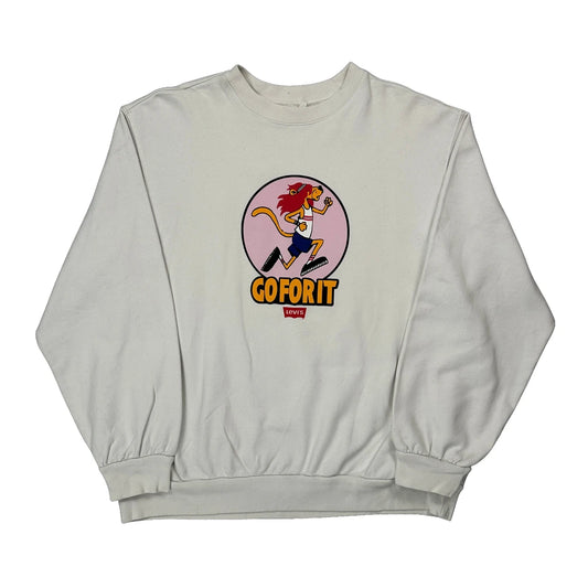 Vintage Go For It Levis Graphic Sweatshirt - Medium White Cotton