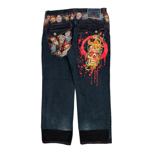 Kanji Baggy Graphic Jeans - 38W 32L Dark Wash Denim