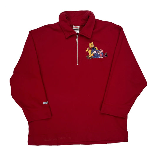 Winnie The Pooh Embroidery Disney Cartoon 1/4 Zip - Large Red Cotton