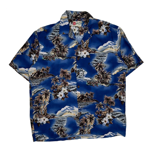 Hilo Hattie Floral Hawaiian Shirt - Large Blue Cotton