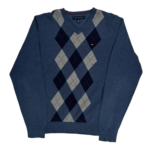 Vintage Tommy Hilfiger Argyle Jumper - Large Blue Cotton