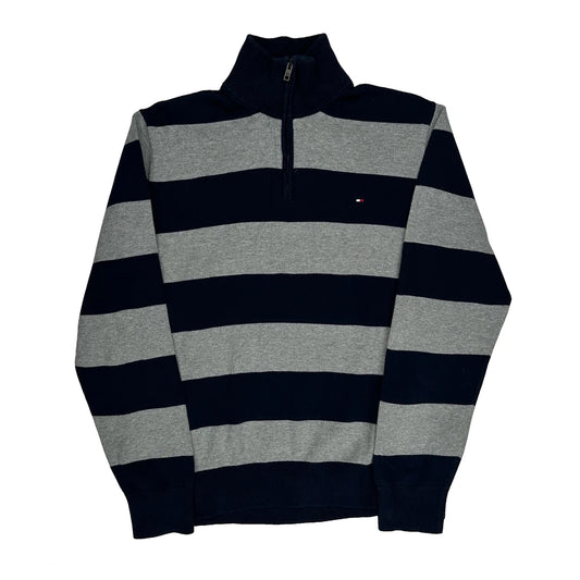 Vintage Tommy Hilfiger Striped 1/4 Zip - Large Grey Cotton