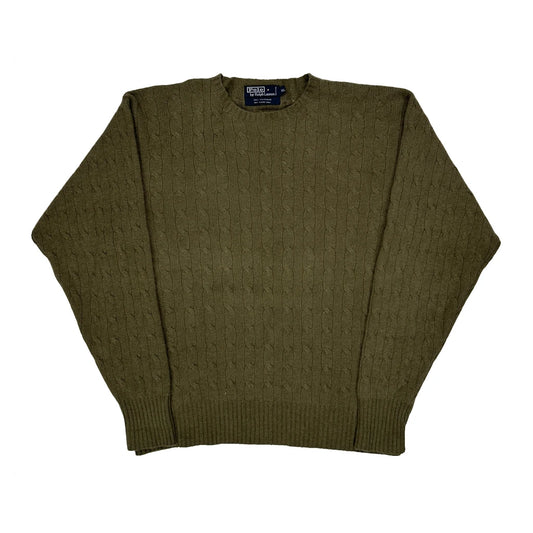 Vintage Cashmere Polo By Ralph Lauren Chunky Cable Knit Jumper - XL Green Cashmere