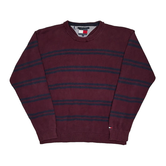Tommy Hilfiger Striped Jumper - XL Burgundy Cotton