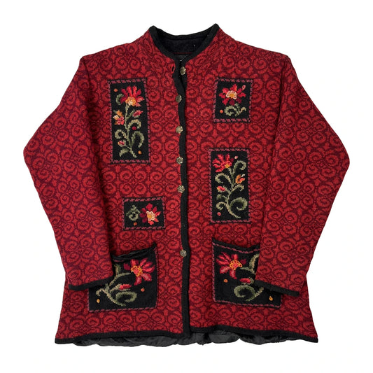 Vintage Icelandic Design Floral Cardigan - Medium Red Wool