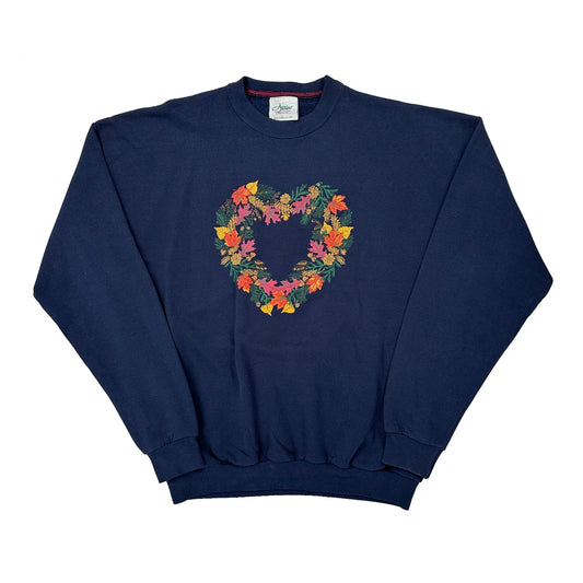 Vintage Heart-Shaped Floral Embroidery Artisans Floral Sweatshirt - XL Navy Cotton