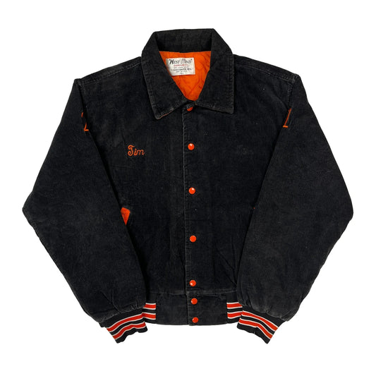 80S 90S Made In USA West Wind Corduroy Graphic College Varsity Jacket - Large Orange Corduroy