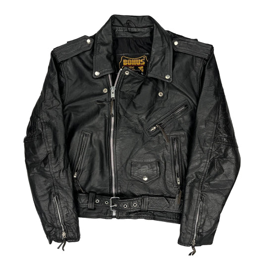 Vintage Bonus Studded Motorcycle Leather Jacket - Large Black Leather