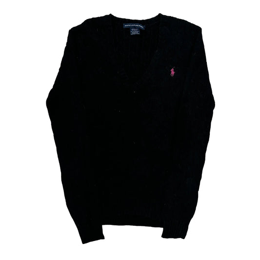 Vintage Cable Knit Ralph Lauren Sport V-Neck Jumper - Large Black Cotton