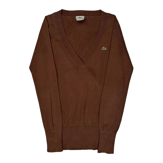 Lacoste V-Neck Jumper - Small Brown Cotton