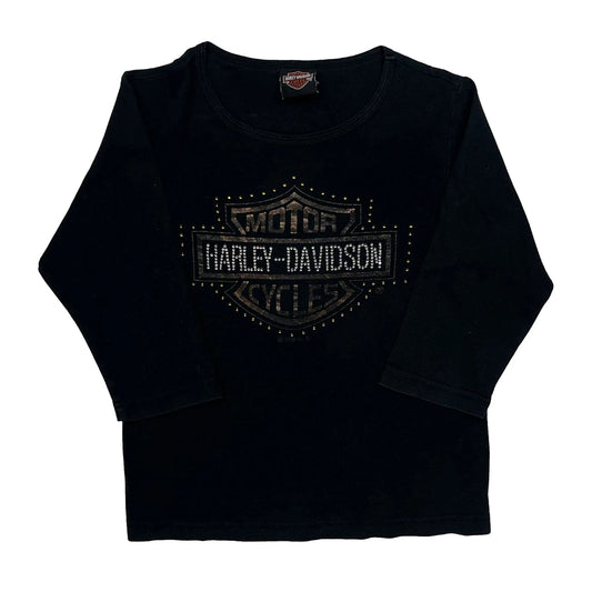 Vintage Sauk Prairie Harley Davidson Studded Long Sleeve T-Shirt - Small Black Cotton