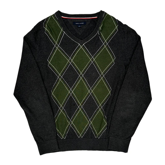 Vintage Tommy Hilfiger Argyle Jumper - Large Grey Cotton