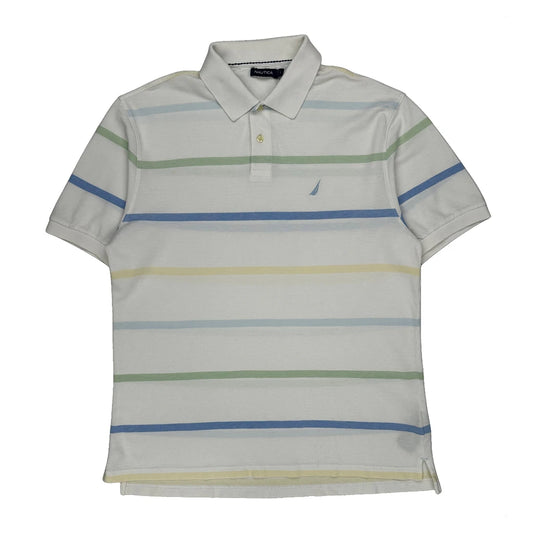 Nautica Striped Polo Shirt - Large White Cotton