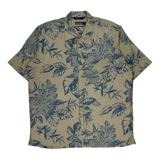 Nautica Hawaiian Shirt - Large Beige Linen Blend