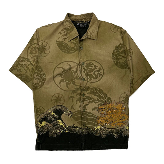 Dragon And Wave Print No Boundaries Short Sleeve Shirt - Small Green Cotton