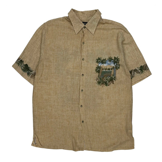 Surfing Scene Croft & Barrow Graphic Hawaiian Shirt - Medium Beige Cotton
