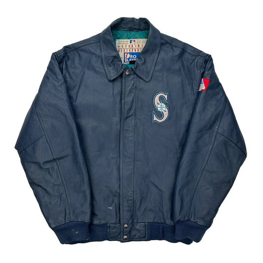 Seattle Mariners Pro Player Leather Jacket - Large Navy Leather