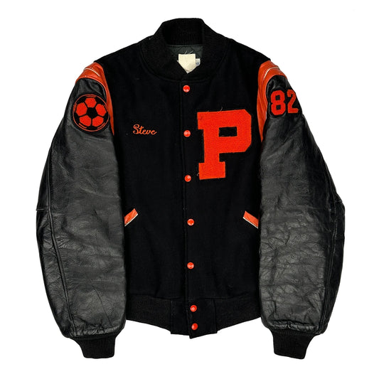 Vintage 1982 Soccer Unbranded College Varsity Jacket - Medium Black Wool