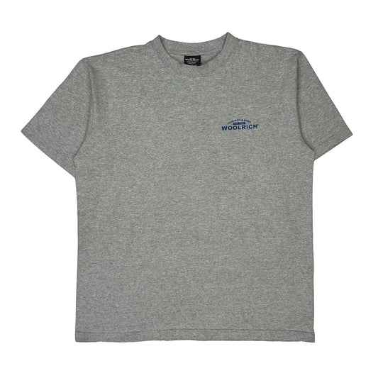Outdoor Hiking Graphic Woolrich Graphic T-Shirt - Large Grey Cotton Blend