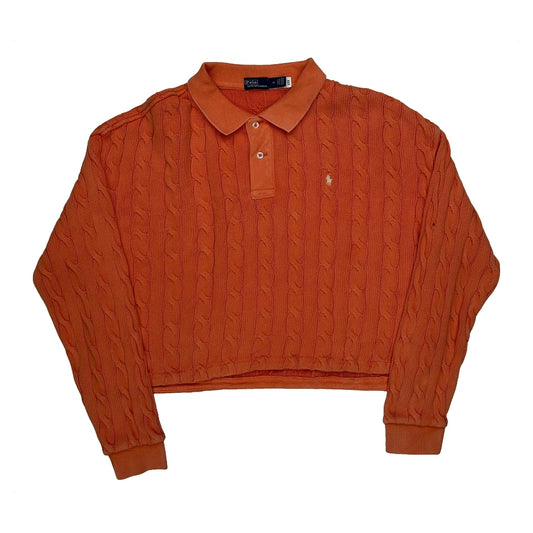 Vintage Cable Knit Polo By Ralph Lauren Cropped Jumper - Medium Orange Cotton