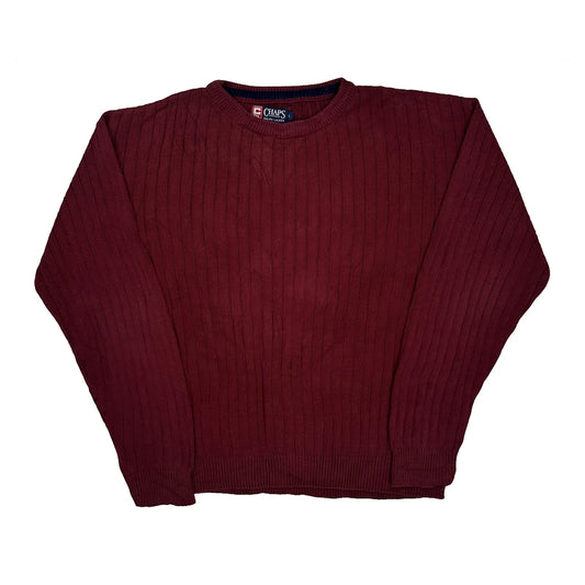 Made In USA Chaps Ralph Lauren Chunky Ribbed Knit Jumper - Large Burgundy Cotton