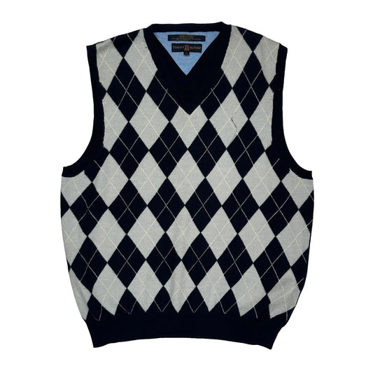 Tommy Hilfiger Argyle Sweater Vest - Medium Black Merino Wool