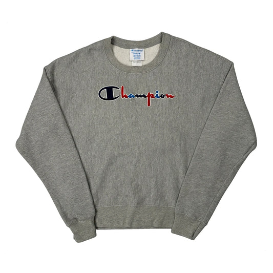 Vintage Reverse Weave Champion Spellout Sweatshirt - Medium Grey Cotton Blend