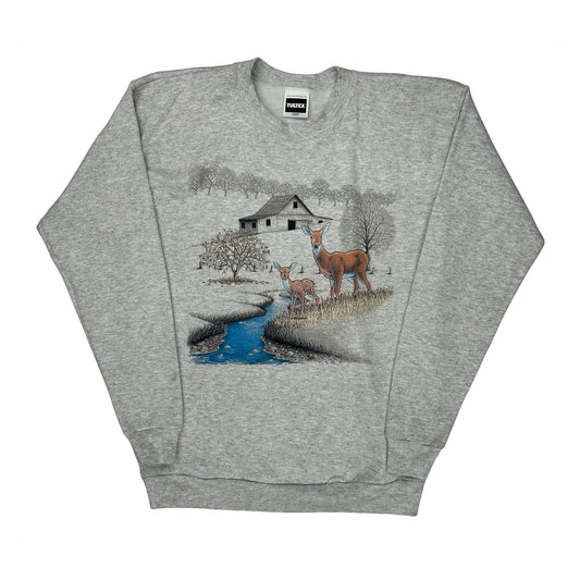 Deer And Farmhouse Graphic Tultex Graphic Sweatshirt - Large Grey Cotton Blend