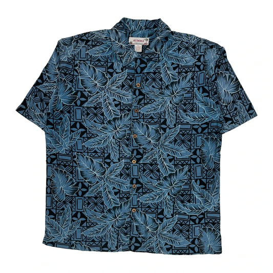 Summa Floral Hawaiian Shirt - Large Blue Cotton Blend