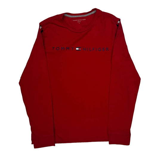 Vintage Tommy Hilfiger Spellout Long Sleeve T-Shirt - Medium Red Cotton