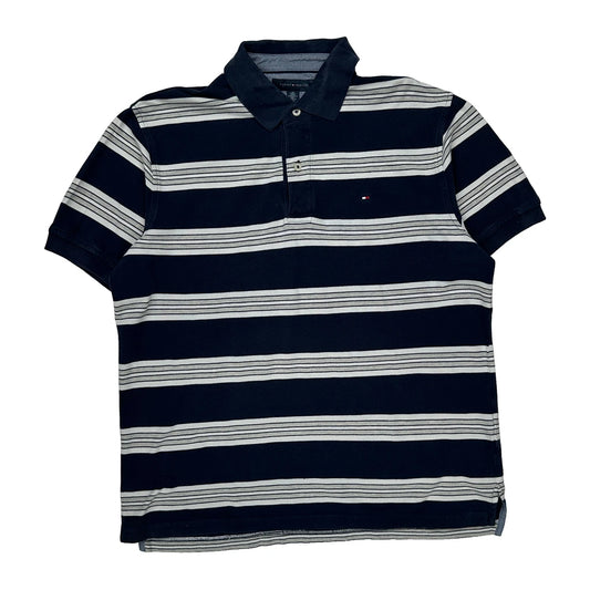 Vintage Tommy Hilfiger Striped Polo Shirt - Large Navy Cotton
