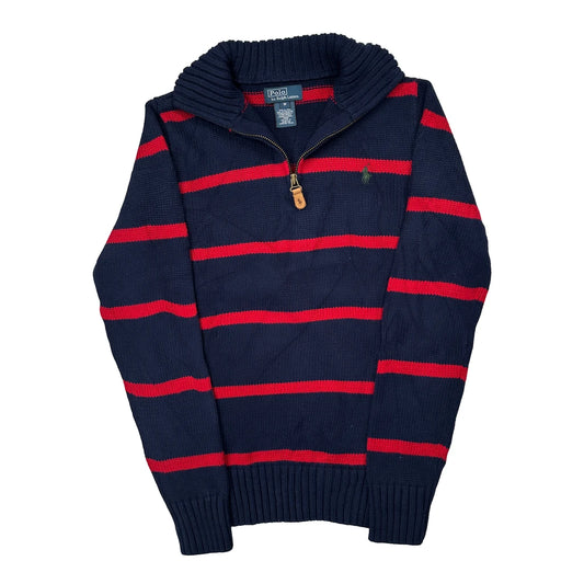 Age 10 Polo By Ralph Lauren Striped 1/4 Zip - Medium Navy Cotton