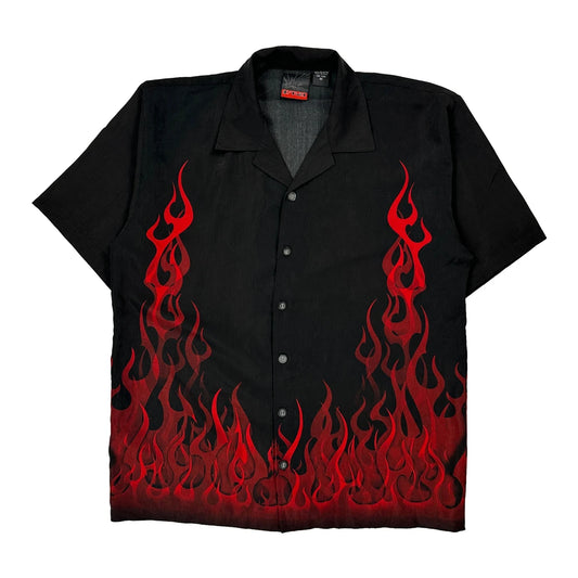 Y2K C-Two Flame Graphic Hawaiian Shirt - Medium Black Polyester
