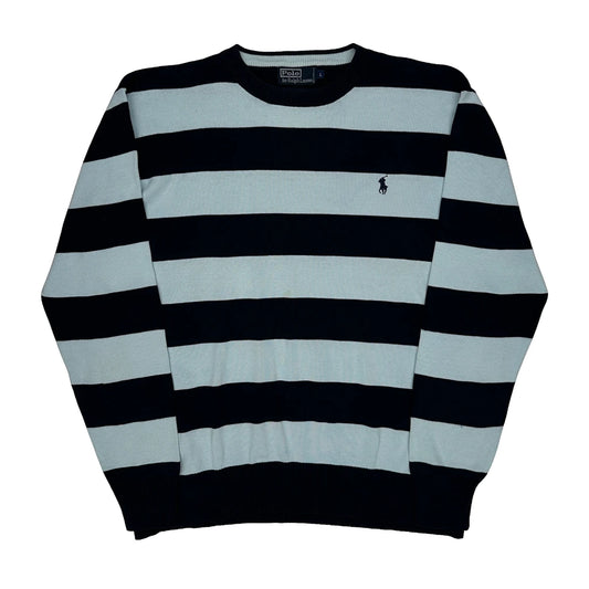 Vintage Polo By Ralph Lauren Striped Jumper - Large Blue Cotton