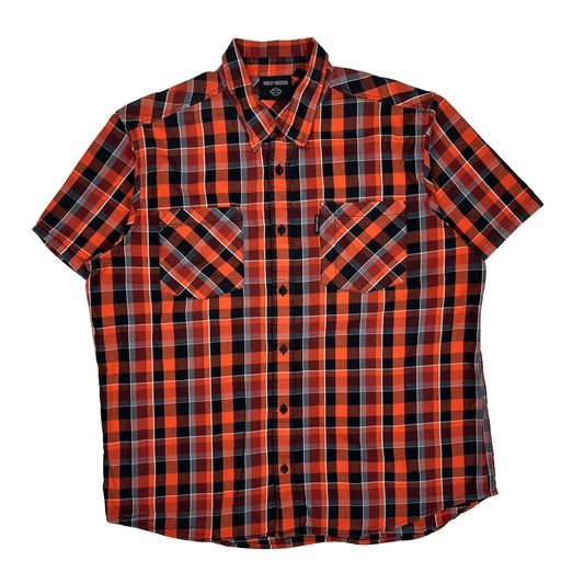 Motorcycles Harley Davidson Checked Short Sleeve Shirt - 2XL Red Cotton