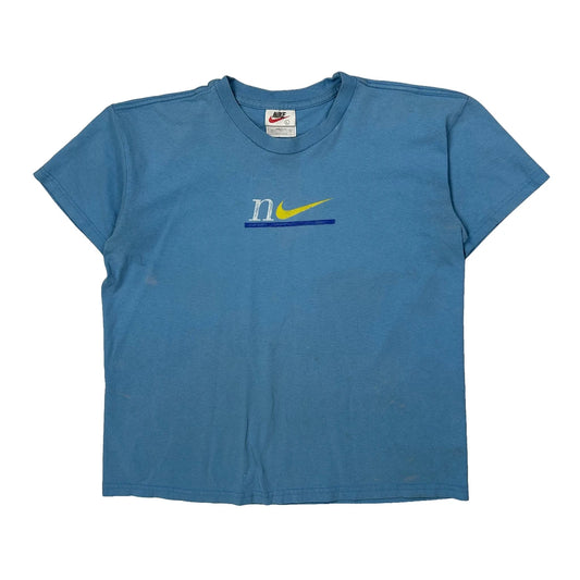 Made In USA Nike Cropped T-Shirt - Large Blue Cotton