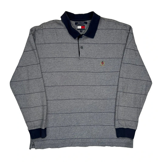 Tommy Hilfiger Striped Long Sleeve Polo Shirt - 2XL Grey Cotton