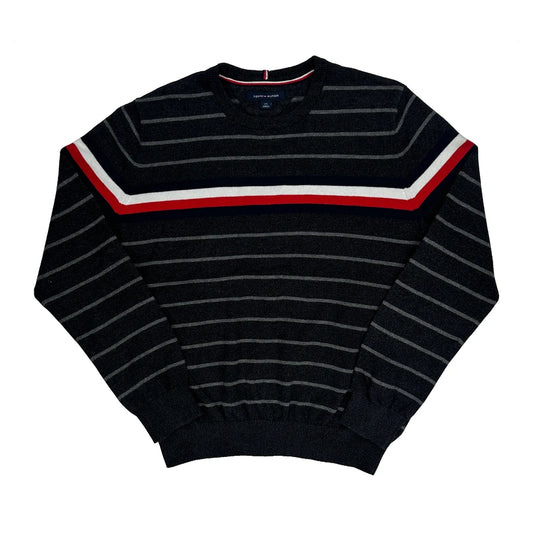Vintage Tommy Hilfiger Striped Jumper - Large Black Wool Blend