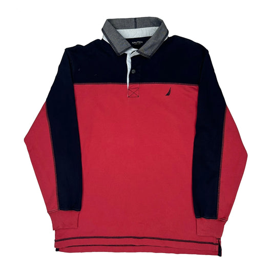 Nautica Striped Rugby Shirt - Medium Red Cotton